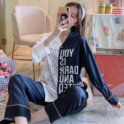 Women Sleepwear Adult letter Fashion Homewear High Quality Pajamas Long sleeve Ice silk Pajamas Spring Autumn Cardigan Sleepwear