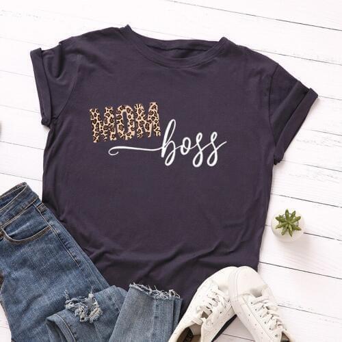 Oversized Women Cotton T Shirt Summer Short Sleeve T-Shirt Leopard Mom Boss Letter Woman Loose Casual Tshirt Plus Size Lady Tops