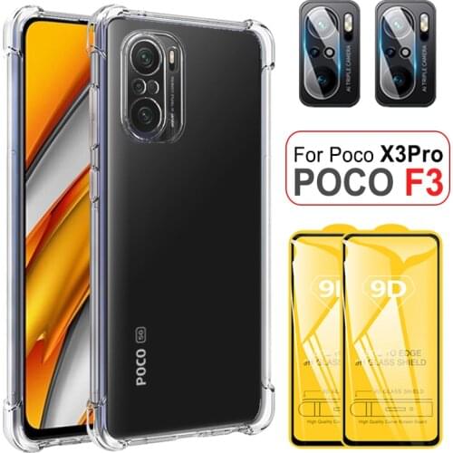 Poco F3 Case&Glass, Clear Original Phone Color Case for Xiaomi Pocophone F3 Pocco F3 X3 Pro Silicone Shockproof Case on Poco F 3