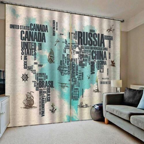 Custom European map Window Curtain retro Blackout 3D Living Room Curtains Custom Kids room Curtain Drapes