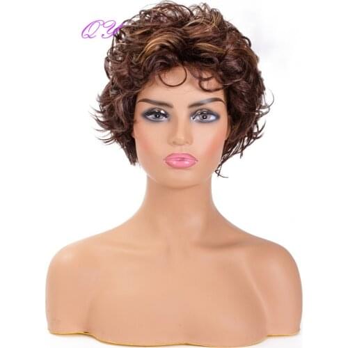 QY Short Curly Ombre Brown Wigs Synthetic Wig Natural Hair For Women Daily Hair Wig