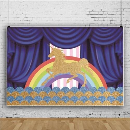 Rainbow Flowers Golden Unicorn Photography Backdrop Kid Birthday Party Decor Photo Background Studio Photocall Props