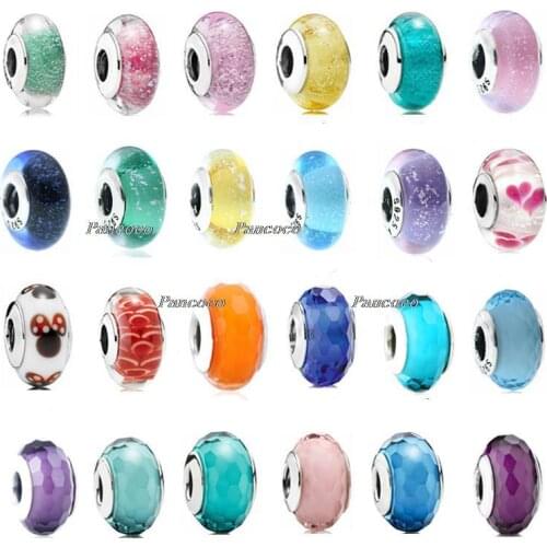 925 Sterling Silver Baeds Multicolor Teal Faceted Lampwork Murano Glass Charm Fit Pandora Bracelet & Necklace Jewelry