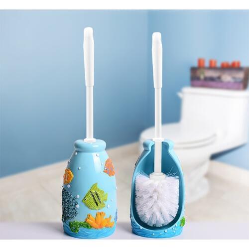 Seabed Resin Toilet Brush Long Handle Base Cleaning Brush Holder Set Home Hotel WC Bathroom Fixtures Sculpture Painted Crafts