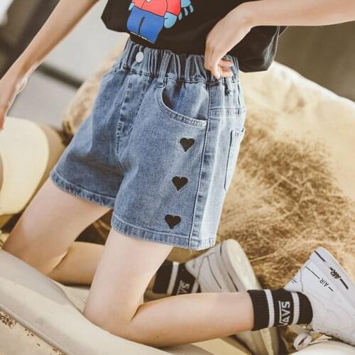 New Fashion Kids Girls Shorts High Waist Denim Pants Girls Jeans Shorts Heart Print Kids Clothes Shorts for Teenagers 4-14 Years