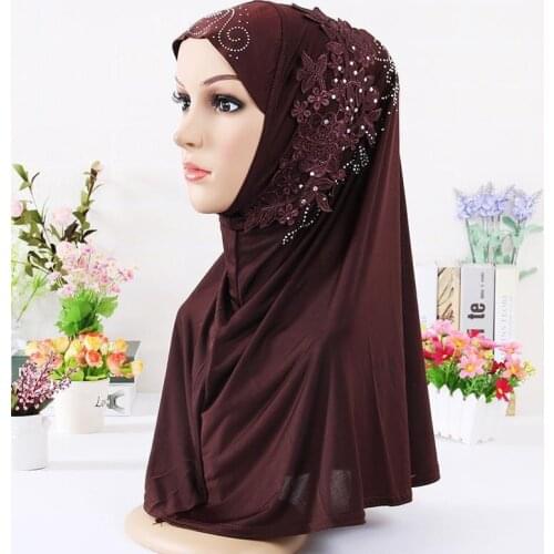 Solid Hijab Scarf Hat with Appliques Malaysian Muslim Fashion Turban Patch Hijab Muslim Scarf for Women Head Scarf Head Wraps