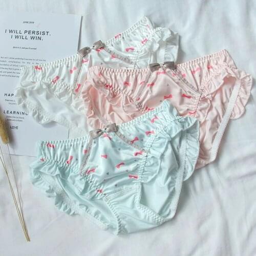 Teen Girl Milk Silk Middle Waist Cute Bow Ruffles Panties Underwear Japanese Soft Sister Sweet Lolita Students Sexy Briefs 4.0