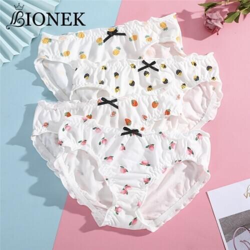 BIONEK Women Sexy Cute Fruit Panties Cotton High Quality White Knickers Ruffle Lady Strawberry Briefs Underwear Female Lingerie