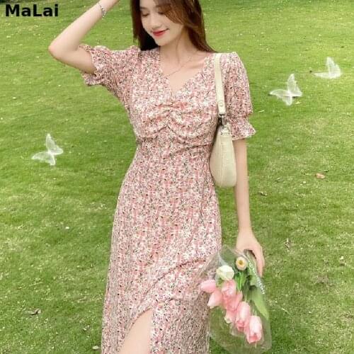 Vintage Summer Boho Dress Female French Retro Casual Party Beach Dress Women Elegant Floral V-Neck Korean Sweet Split Dress 2021