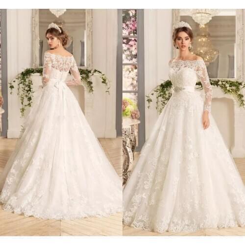 Custom Long Sleeves Lace Appliques Wedding Dresses 2020 With Beads Sash Sweep Train Tulle Wedding Bridal Gowns Vestido De Noiva