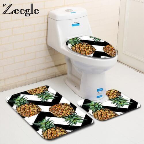 Zeegle Pineapple Printed 3pcs Bathroom Mat Set Anti-slip Floor Mat Bathroom Carpets Soft Toilet Mat and Bath Rug Sets