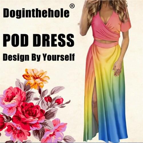 Doginthehole Womens Fashion Beachwear 2pcs Set 3D Custom Design Sexy Side Slit Maxi Dress Ladys Elegant Deep V-Neck Clothing