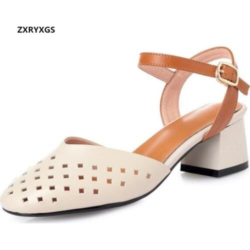 Promotion 2021 New Round Toe Hollow Genuine Leather Sandals Fashion Elegance Summer Women Sandals Thick Heels Black White Shoes