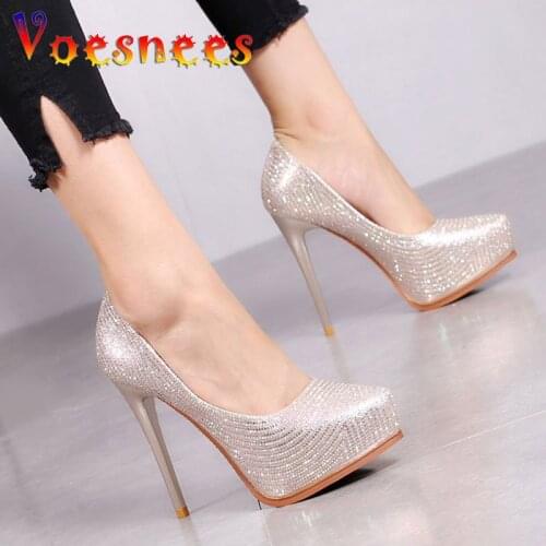 Women Wedding Shoes High Heels 11.5CM Lady Pearl Platforms White Glitter Bridal Shoes Women Thin Heel 2020 NEW Party Pump Shoes