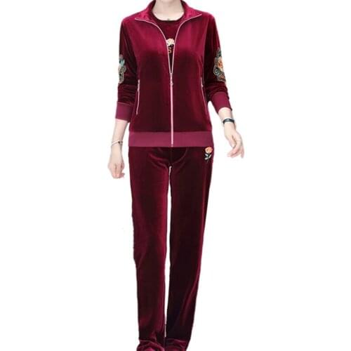 Womens Set Sporting Suit Flower embroidery Hoodies+Pants+T shirt 3 Piece Gold velvet Tracksuit Autumn Sportswear