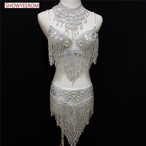 Women Sparkly Gold Tassel Bodysuit Rhinestones Outfit Glisten Beads Costume Dance Wear Singer Stage Leotard Headdress