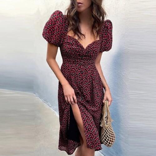 Floral Print Sweet Midi Dress Women Square Collar Puff Sleeve High Waist Side Split Casual Dresses 2021 Summer Sexy Vestidos