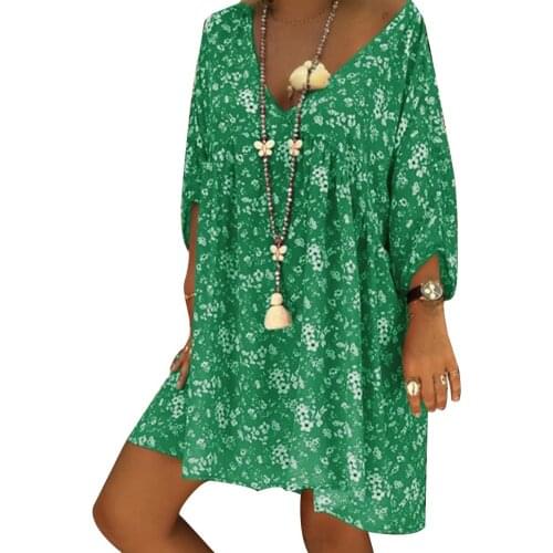 Plus Size Casual Flower Print V Neck Nine Points Sleeve Loose Women Mini Dress fashion