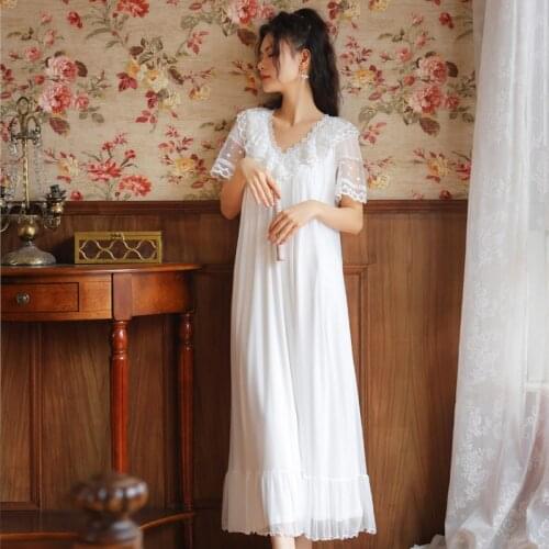 Fairy Night Dress Women Embroidery Mesh Modal Lace Peignoir Victorian White Vintage Long Nightgown Romantic Princess Sleepwear