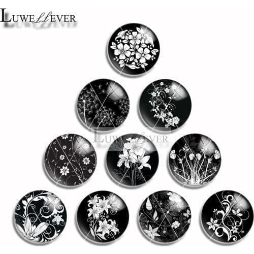 12mm 10mm 14mm 16mm 20mm 25mm 475 Black White Flower Mix Round Glass Cabochon Jewelry Finding 18mm Snap Button Charm Bracelet