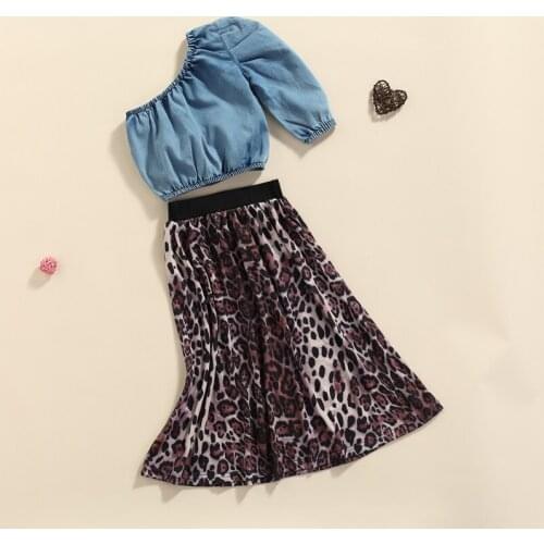 2Pcs Toddler Girls Fashion Outfits, Solid Color Irregular Collar Off Shoulder Denim Tops + Elastic Waist Lepoard Skirt 2-7Years