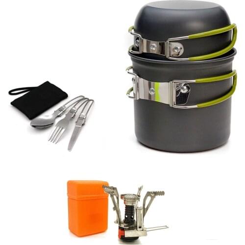 2021Quality Outdoor Pot Mini Gas Stove Set Camping Hiking Cookware Picnic Cooking Non-Stick Bowls With Foldable Spoon Fork Knife