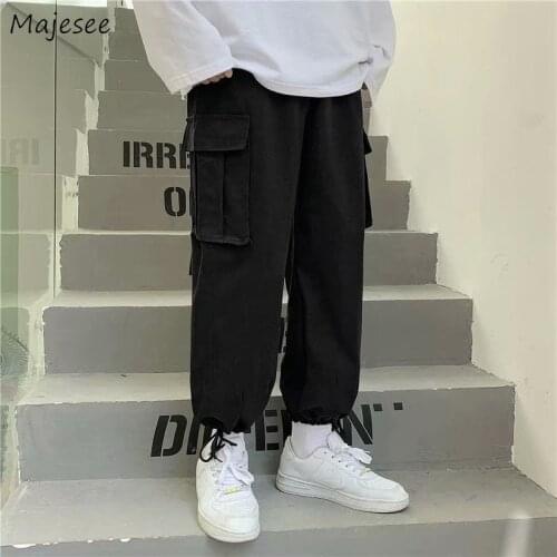 Casual Pants Men Solid Vintage Streetwear Cargo Pant Pockets Bundle Feet Retro Drawstring Ankle-length Trousers Baggy Teens Chic