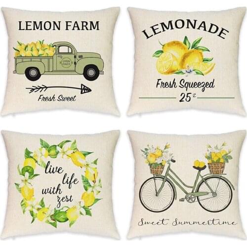 Farmhouse Lemon Pillow Covers Summer Lemon Vintage Truck Lemon Bicycle Decorative Throw Pillow Covers for Summer Decor