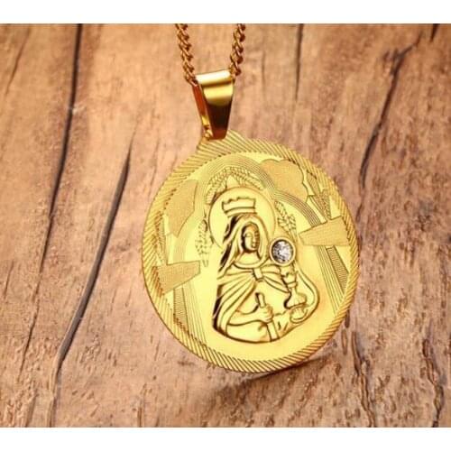 Stainless steel Religious maria round crystals necklace pendant women men 24