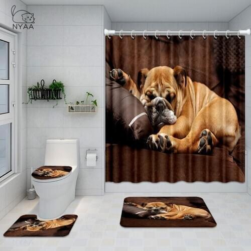 Cute 4PCS Set French Bulldog Shower Curtain For Bathroom Bath Mat Rug Carpet For Toilet Frenchie Puppy Bath Curtains Home Decor