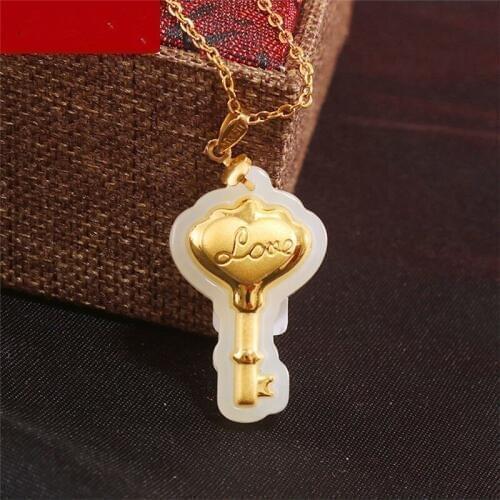 Fashion inlaid 24K gold Hetian jade key pendant men and women love open lucky necklace pendant jewelry gift