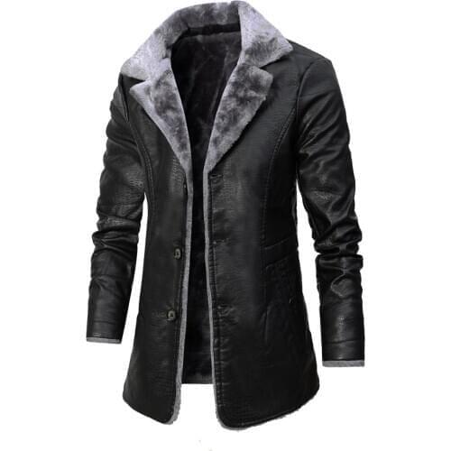 2020 Winter Mens Leather Jacket Solid Color Lining Velvet Business Lapel Medium Length Keep Warm Black Leather Windbreaker