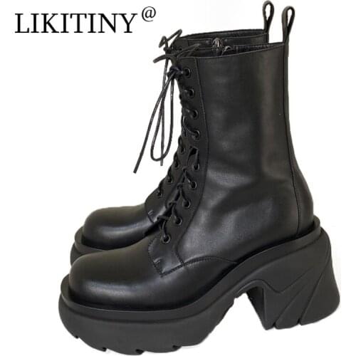 NEW LIKITINY 2021 Autumn Round toe Cross Lacing Contracted Chunky heels 6.5CM Fashion Color matching Green Half Boots Size 41