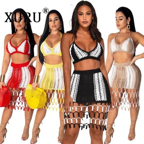 XURU New Womens Suit Two-piece European and American Color Matching Woven Beach Skirt