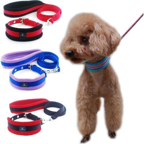 Dog Collar Leash Adjustable Mesh Breathable Collar lead Dog Cat Collar Reflective Padded leash for Puppy Small Medium Large Dogs
