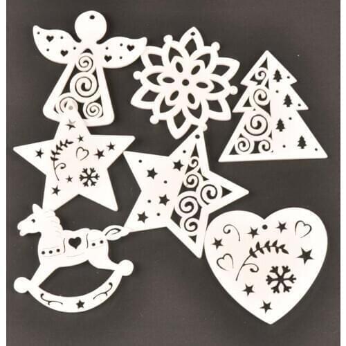 White DIY Wood Chip Christmas Tree Hanging Ornaments Pendant Kids Gifts Snowflake Tree Xmas Ornaments Decorations 5pcs