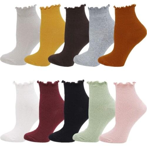 RMSWEETYIL Lace Ruffle Frilly Socks Women Cute Lettuce Trim Edge Kawaii Lolita Solid Color Casual Ladies Knit Dress Ankle Sock