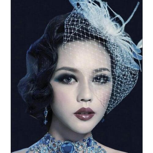 Bridal hair accessories white hat feather bow head flower big mesh veil little hat hairpin headdress