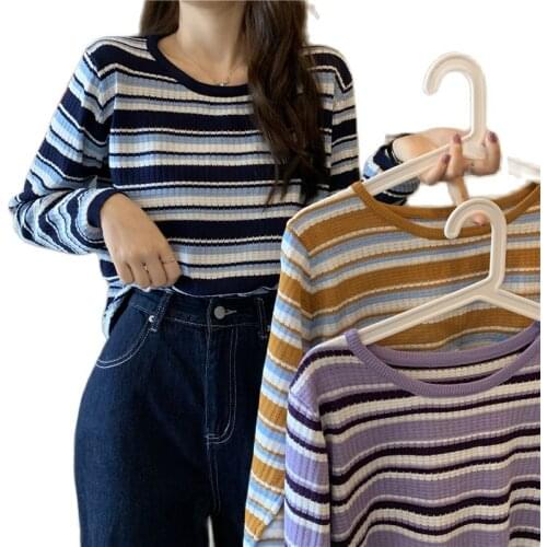 Long Sleeve Striped Knitted Sweater 2021 Autumn Winter Pullover Women Sweater Loose Sweaters O-Neck Tops Korean Jumper Female