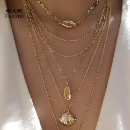 Tocona Bohemia Multi-layer Pendant Necklace Gold Color Summer Shell Clear Crystal Stone Chain Choker Women Ladies Jewelry C19408