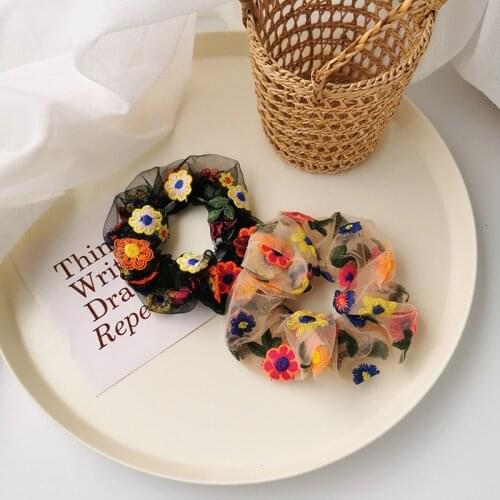 2020 New Simple Cute Sweet Embroidery Flower Net Yarn Retro Large Intestine Circle Head Rope for Girl Fashion Hair Accessories