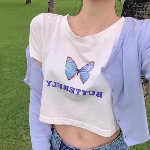 Spring Short Sleeved Neck T-shirt Street Clothes Clothing Vintage Sexy Harajuku Crop Top Female High Waist Printed T Shirt