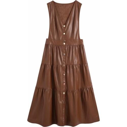 Vintage Sleeveless Snap-Button Female Dresses Women 2021 Chic Fashion Faux Leather Ruffled Pinafore Midi Dress