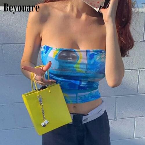 Beyouare Punk Style Strapless Panelled Print Tube Cropped Tops Womens High Street Gothic Tank 2021 Summer Sexy Party Base Vest
