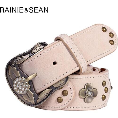 RAINIE SEAN Womens Belts Luxury Genuine Pigskin Cow Belt Patchwork Beige Rhinestone Vintage Rivet Alloy Pin Buckle Belt Female