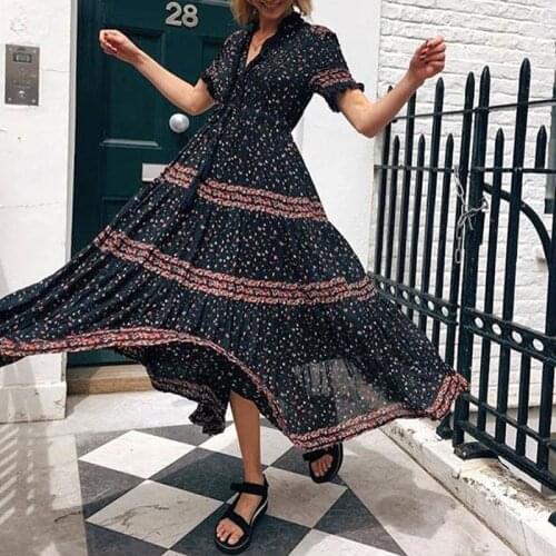 Women Dress 2020 Spring and Summer New Dress Bohemian Printed Rayon Patchwork Short Sleeve Dress