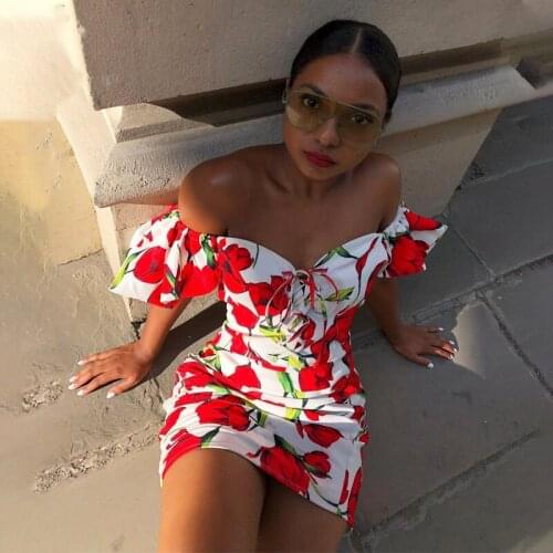 Ladies Fashion Floral Printed Dress Women Summer Slash Neck Puff Sleeve Bandage High Waist Bodycon Mini Dresses