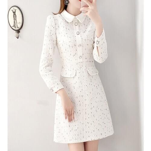 2021 New Autumn Winter Runway Women Elegant White Tweed Dress Doll Collar Long Sleeve Female Fashion Chic Dress