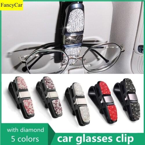 5 Color Diamond Studded Crystal Car Sunglasses Glasses Holder Multifunction With Double Ended Clip Car Glasses Clip