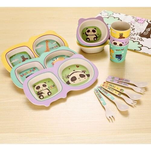 5Pcs/Set Tableware Food Grade Bamboo Fiber Childrens Tableware Set Cute Cartoon Baby Grid Plate Bowl Spoon Fork Wholesale